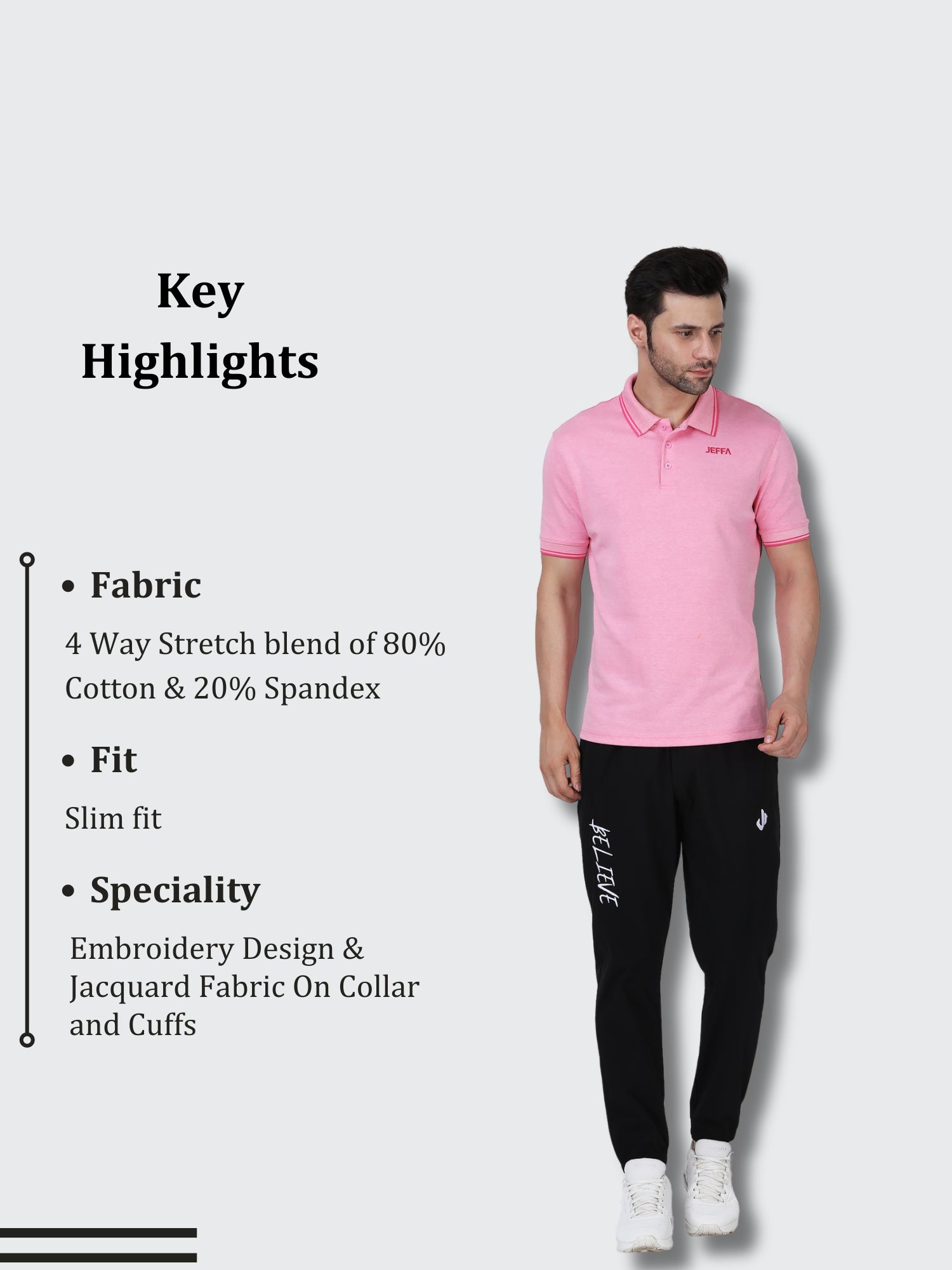 Jeffa Pink Essential Polo T-shirt For Men Details