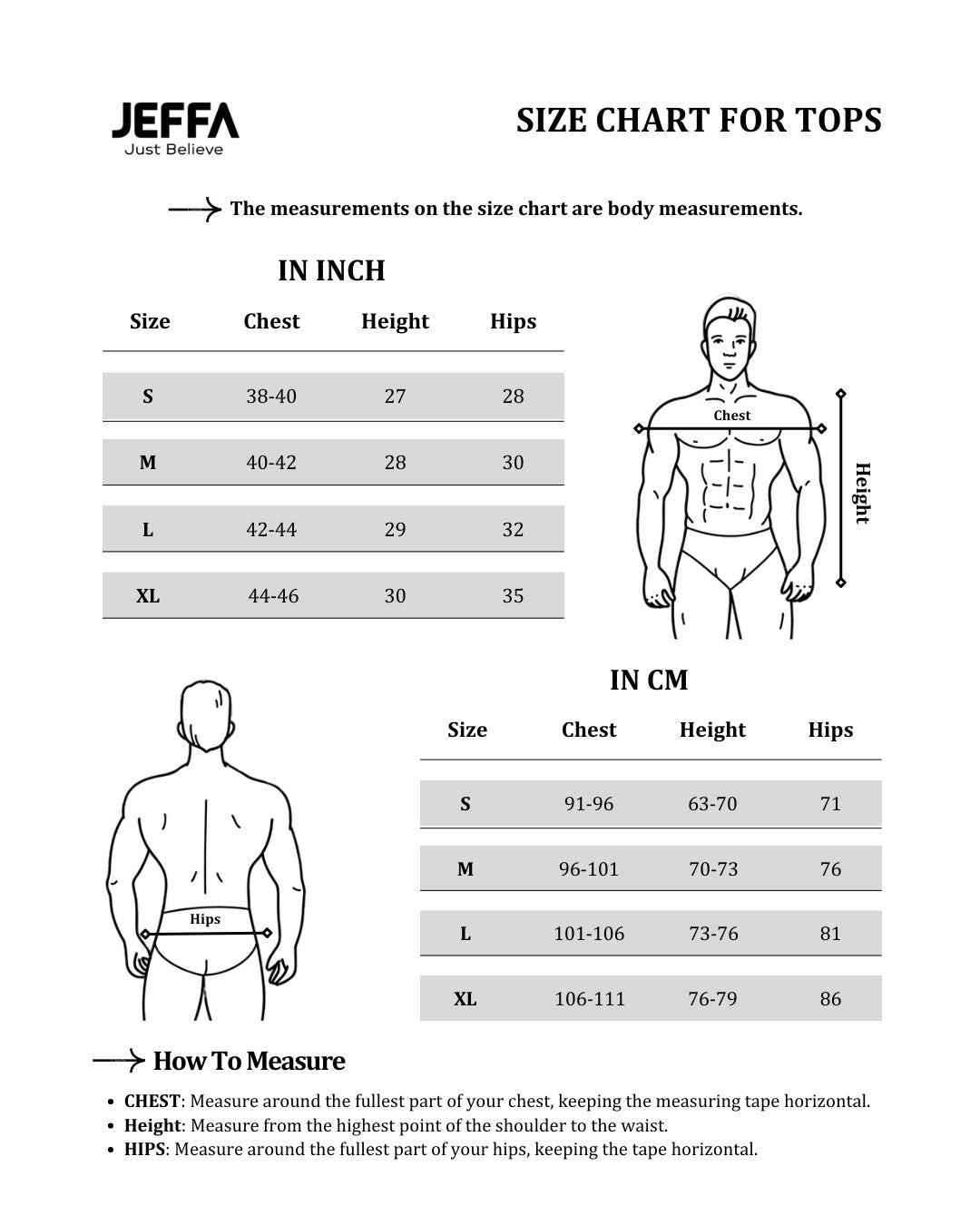 Jeffa Tops Size Chart